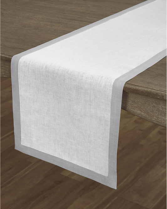 Solino Home Linen Table Runner 108 Inches Long - Soft Grey and White 100% Pure Linen 14 x 108 Inch Table Runner for Dining, Fall, Autumn, Thanksgiving, Christmas - Classic