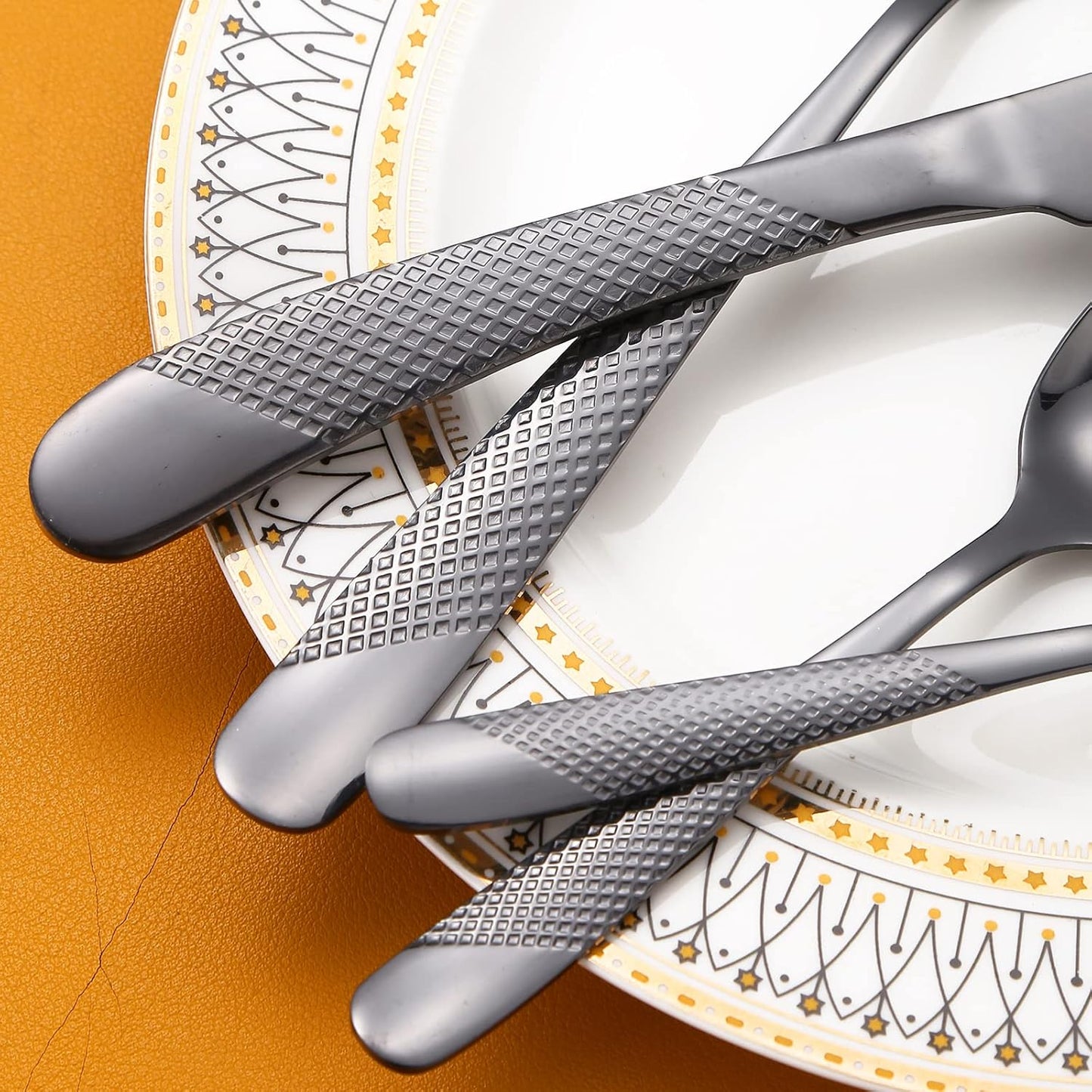 A·HOUSEWARE Black Silverware Hammered Flatware Kichen Stainless Steel Cutlery Set for 4 include Metallic Forks Knives Spoons 20 Pieces Utensils Restaurant Parties Everyday Use