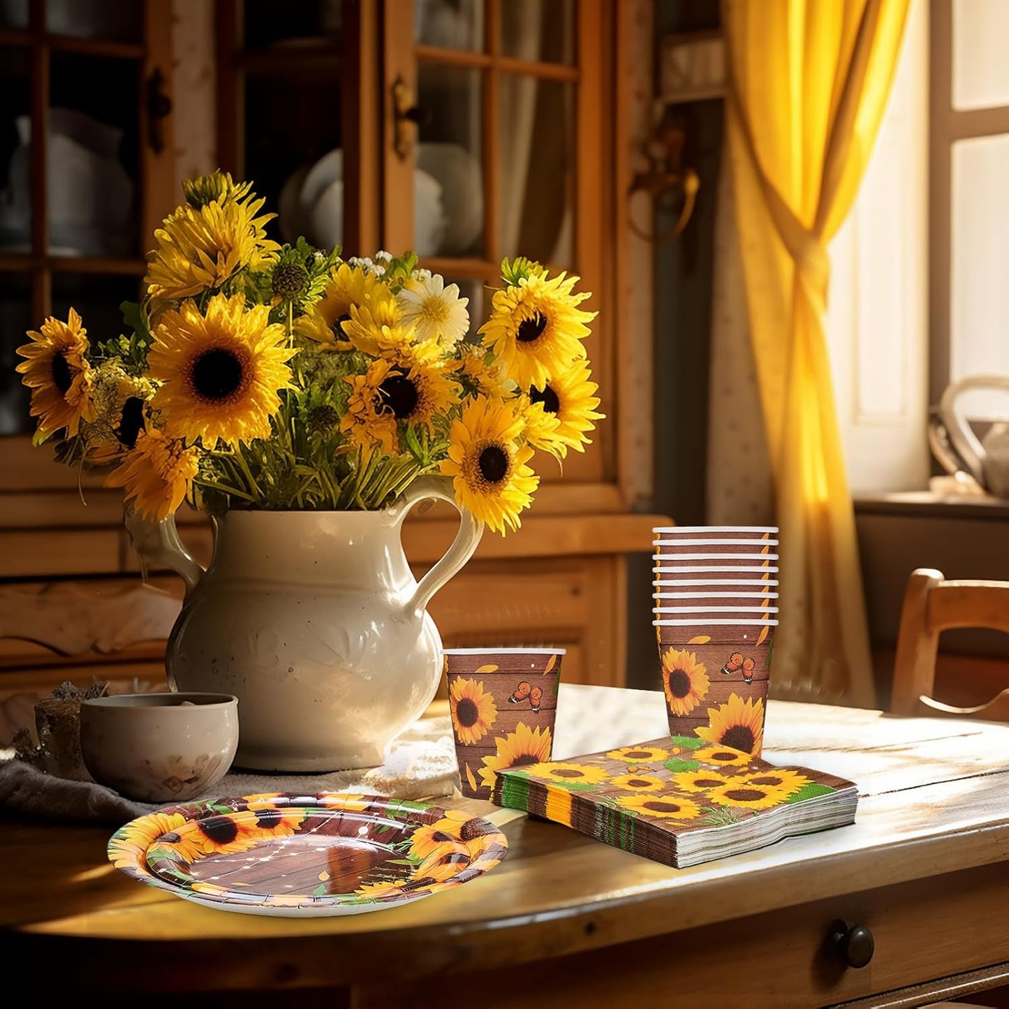 250 Pcs Sunflower Party Decorations Include Spring Summer Floral Paper Plates Napkins and Cups for Wildflower Baby Shower Tea Decorations, Serve 50 Guest(Yellow and Brown,Sunflower Style)