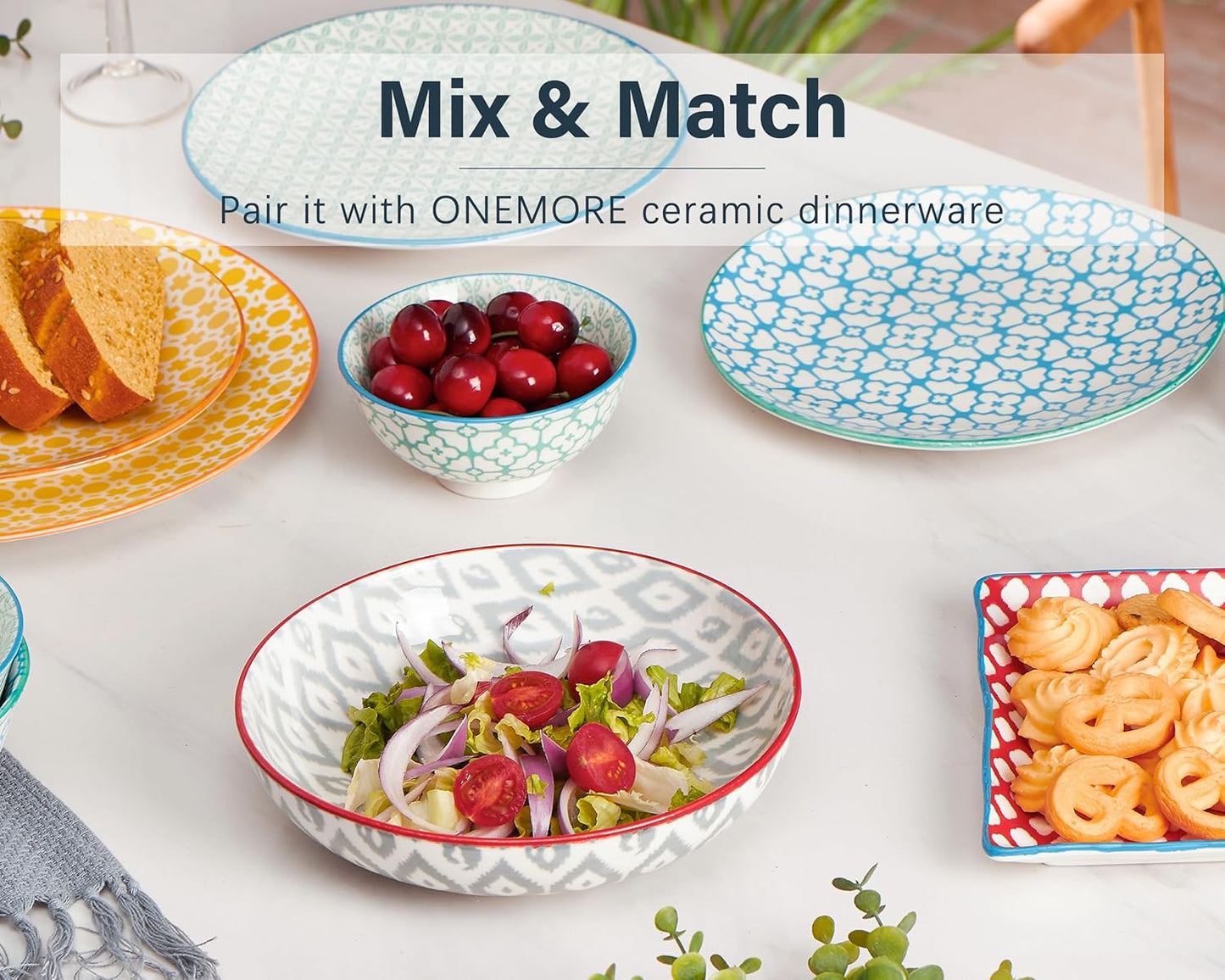 ONEMORE Colorful Pasta Bowls Set of 6, 36oz - Oven/Microwave/Dishwasher Safe Ceramic Wide Bowl for Dinner - Stackable, Scratch Resistant - Assorted Colors