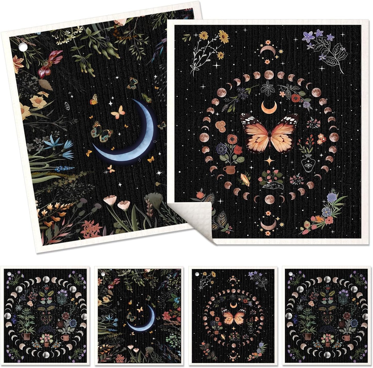 6 Pack Swedish Dishcloths for Kitchen - Reusable Dish Cloths for Washing Dishes Absorbent Cute Funny Kitchen Towels Cleaning Sponge, Moon Butterfly