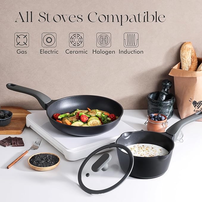 PRICUSIS Nonstick Ceramic Frying Pan with Lid, 8/10 Inch Skillet with Stay Cool Handle, Fully Coated, Induction Compatible & Oven Safe, 100% Dishwasher Safe, PTFE & PFOA Free（8 Inch, Black Sesame）