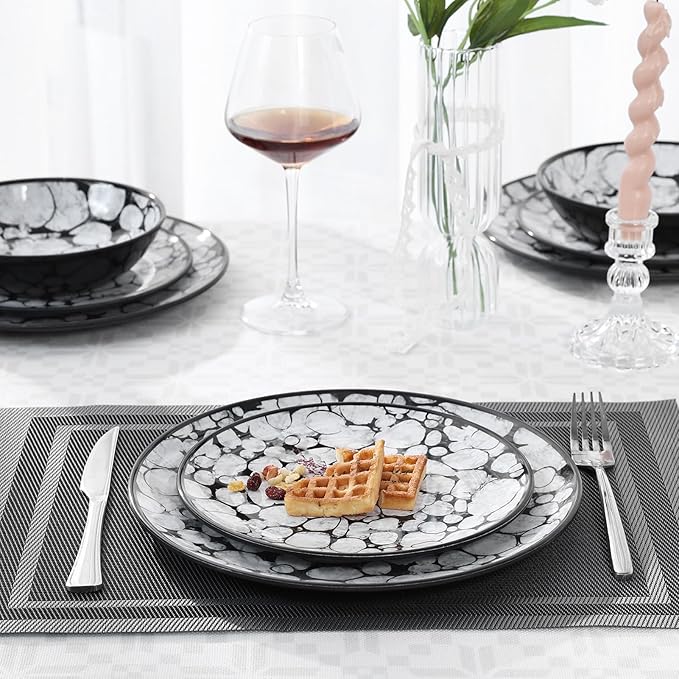 Melamine Dinnerware Sets 12pcs Rustic Farmhouse Dinner Dishes Set Lightweight Service for 4 Plastic Plates and Bowls Set, Modern Gray Bubble