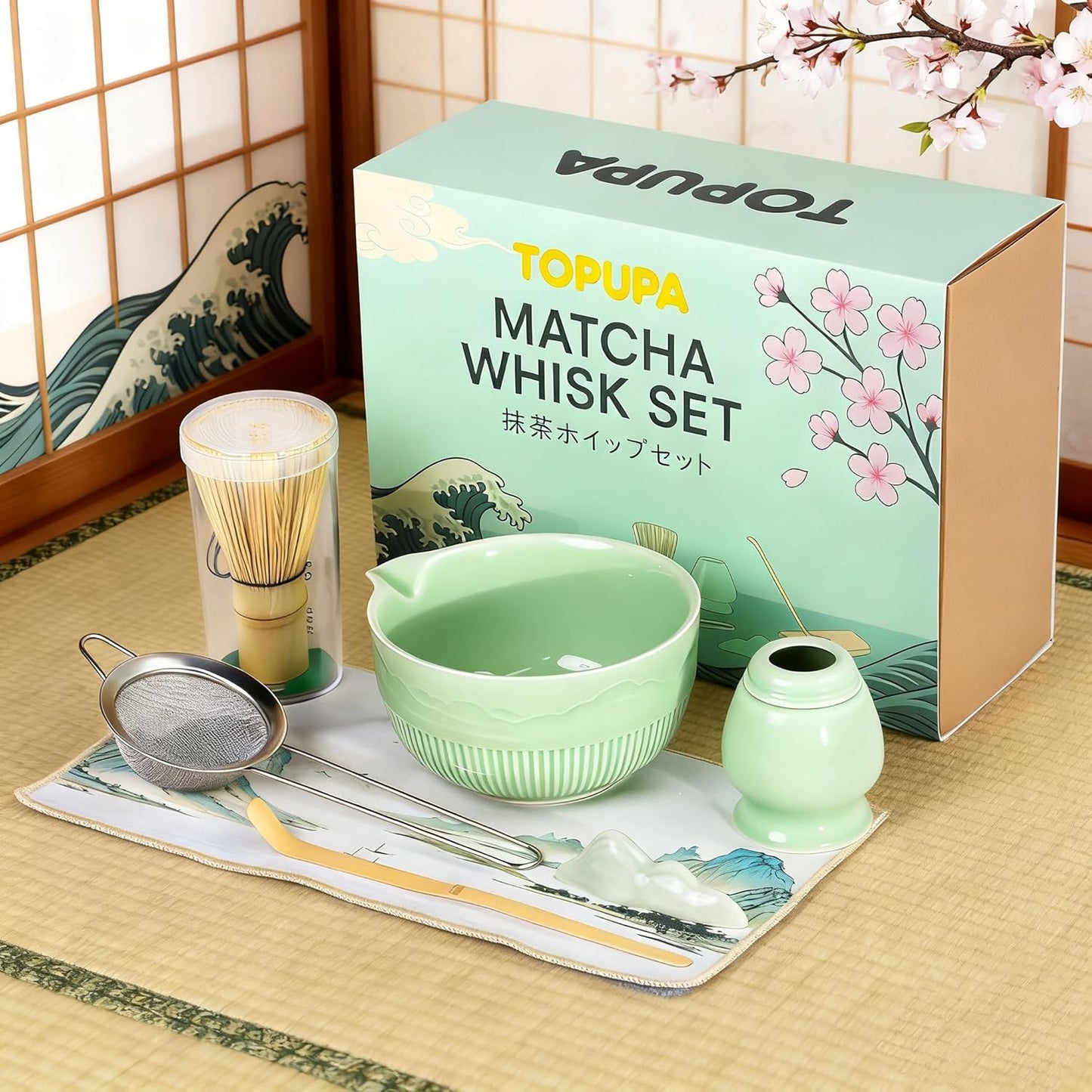 7PCs Matcha Whisk Set Traditional Japanese Green Matcha Kit with Whisk and Bowl Matcha Making Accessories Bamboo Chasen Tea Spoon Holder Sifter Tea Towel Ceremony Macha Tea Set for Beginners