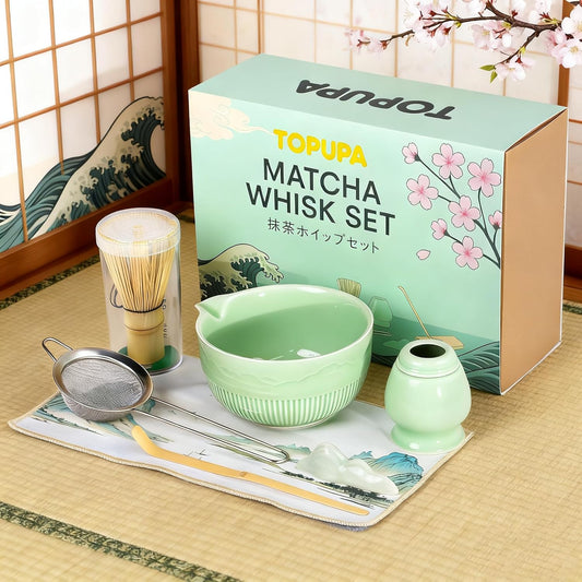7PCs Matcha Whisk Set Traditional Japanese Green Matcha Kit with Whisk and Bowl Matcha Making Accessories Bamboo Chasen Tea Spoon Holder Sifter Tea Towel Ceremony Macha Tea Set for Beginners