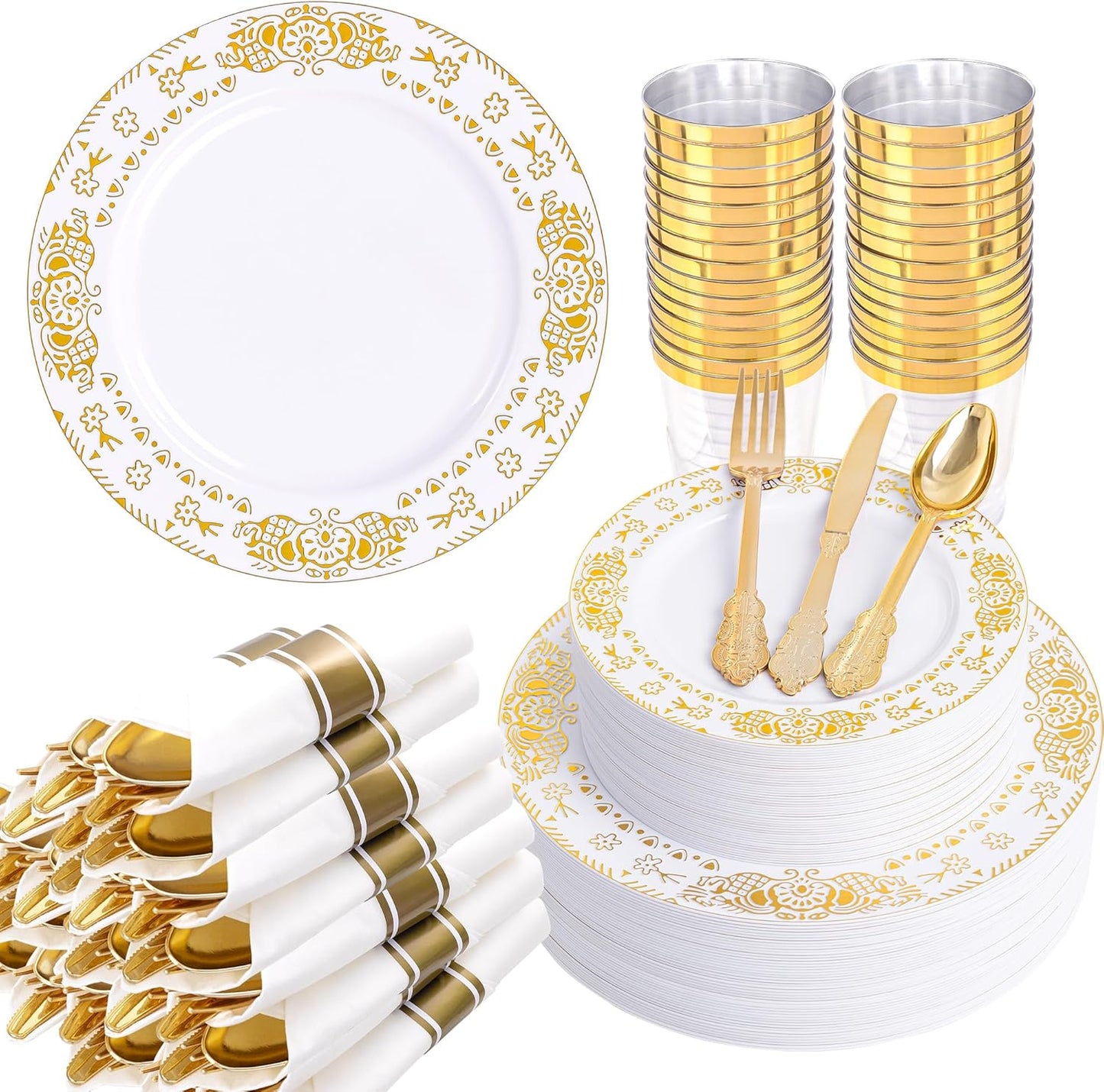 GATHER 350PCS White and Gold Plastic Plates - Gold Disposable Dinnerware Set Include 50 Dinner Plates, 50 Dessert Plates, 150 Gold Plastic Silverware, 50 Napkins, 50 Cups for Wedding & Thanksgiving