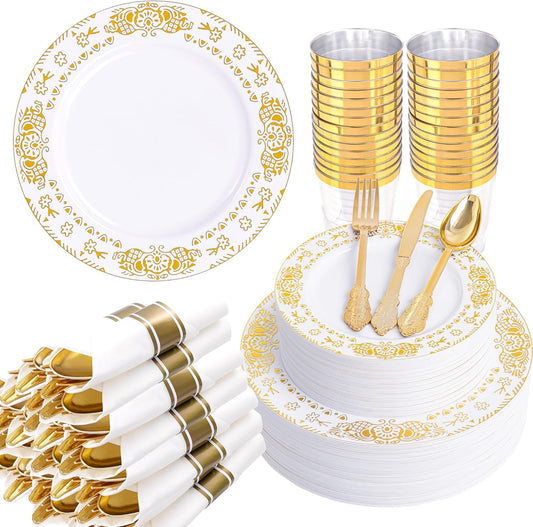 GATHER 350PCS White and Gold Plastic Plates - Gold Disposable Dinnerware Set Include 50 Dinner Plates, 50 Dessert Plates, 150 Gold Plastic Silverware, 50 Napkins, 50 Cups for Wedding & Thanksgiving