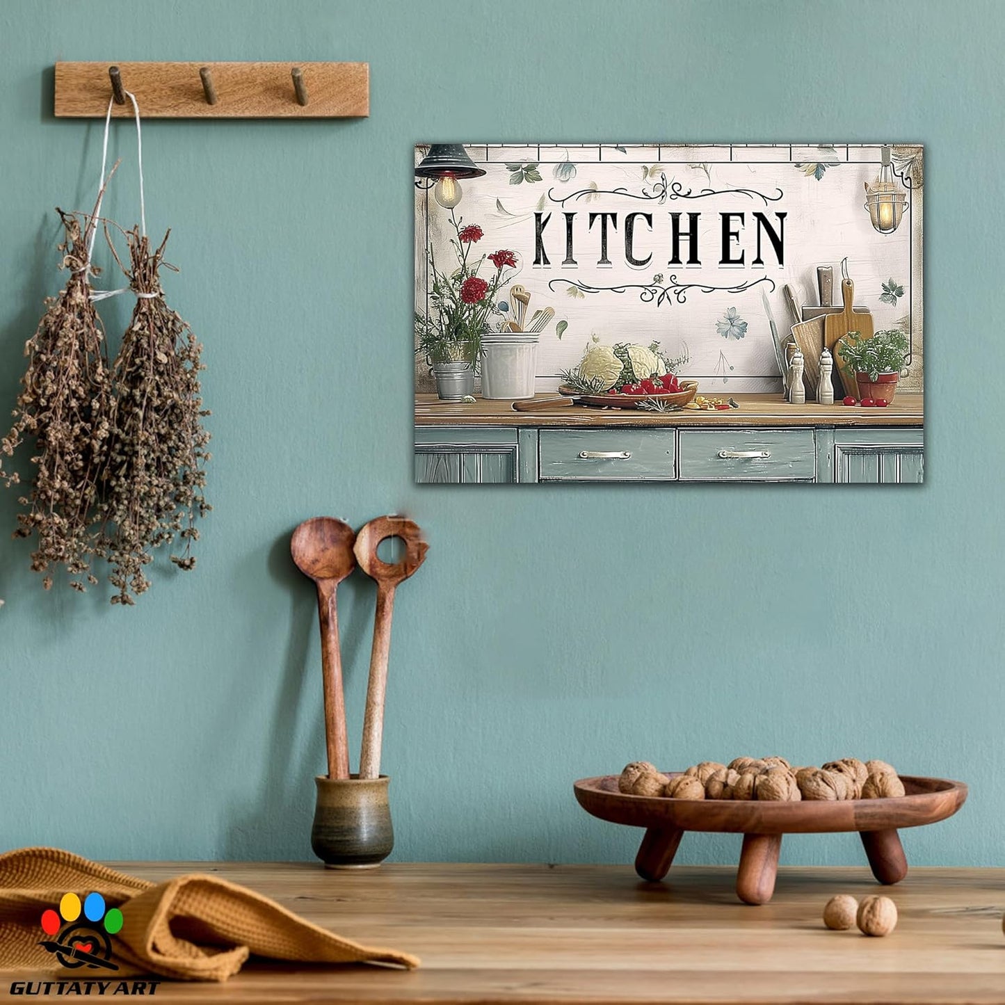 GUTTATY Kitchen Pictures Wall Decor, Farmhouse Wall Art Decor Flowers And Kitchen Utensils Painting for Dinning Room Restaurant Decor, Mother's Day Gift for Grandma Mom Hanging Artwork 12×18 Inch