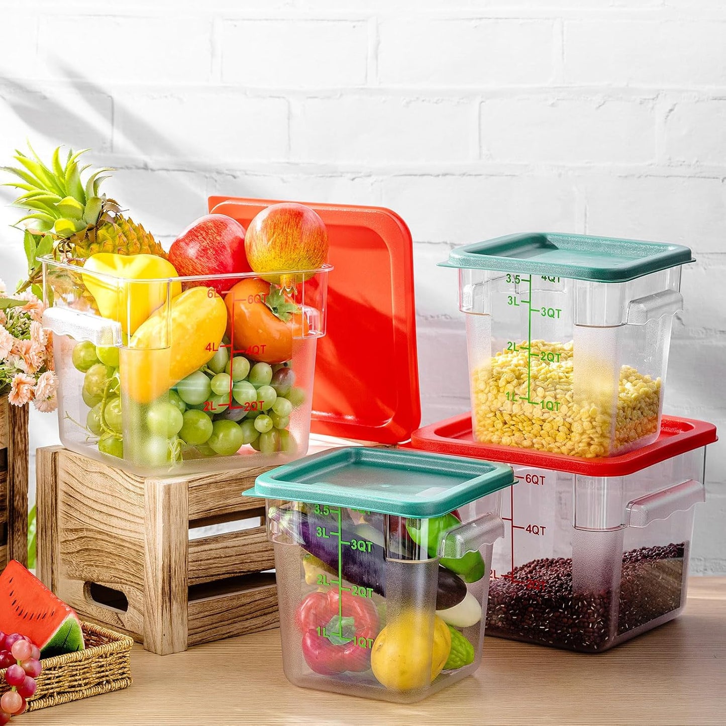 Lallisa 4 Pcs 6 Qt and 4 Qt Food Storage Containers with Lids and Handles Square Food Containers with Scales Polycarbonate Air Tight Containers for Home Storage Kitchen Restaurant