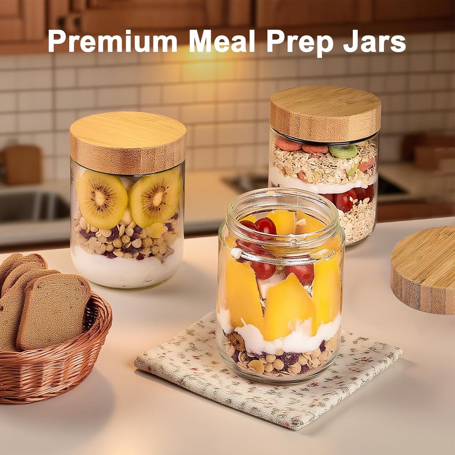 2 Pack 10oz Glass Jars with Bamboo Lids, Overnight Oats Containers with Airtight Lids, Storage Containers Wide Mouth Mason jars for Salad,Yogurt, Sugar, Snacks, Spices