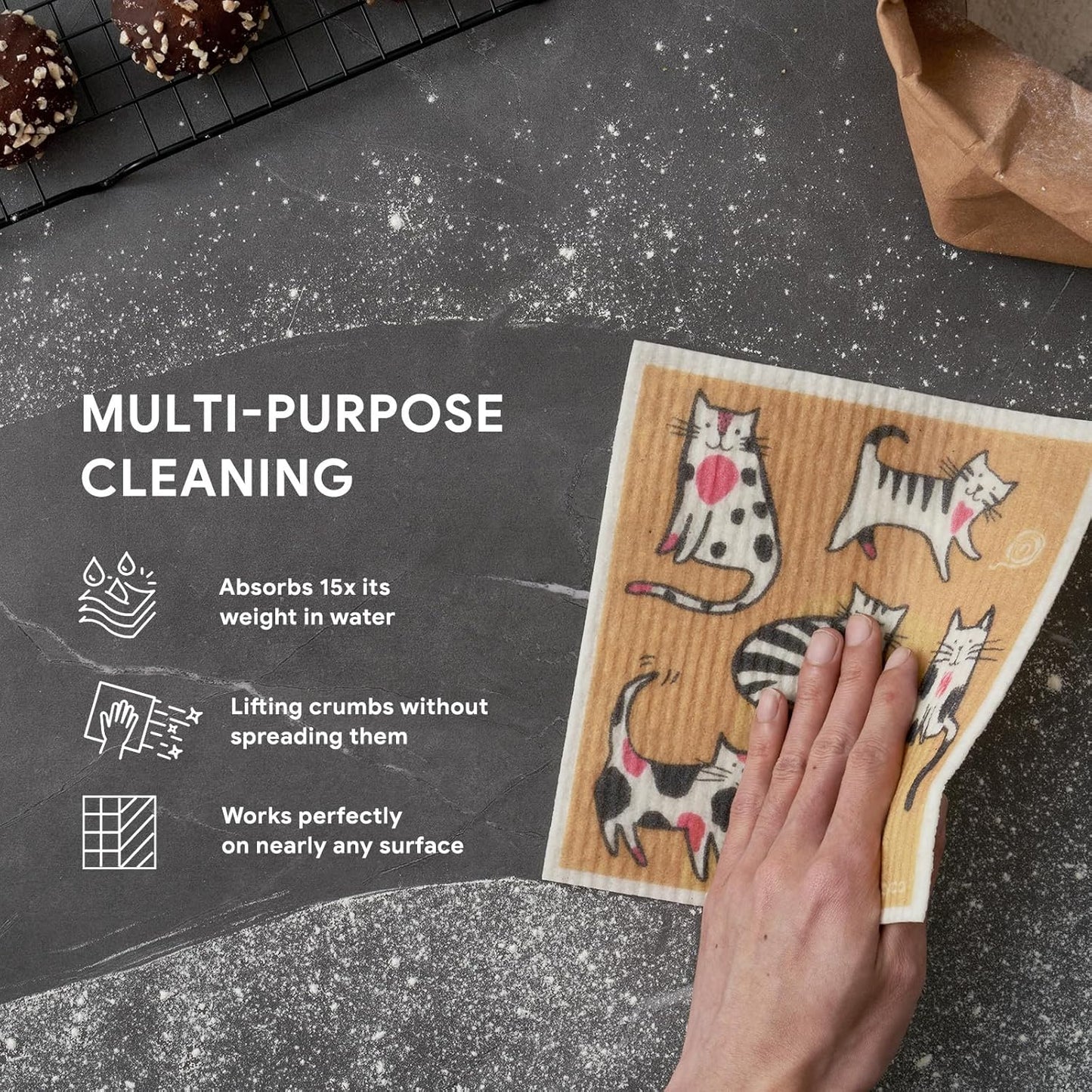 RECYCO Swedish Dishcloths for Kitchen | 6 Pack Cuddly Cats Washable Dish Rags | Cellulose Reusable Cleaning Paper Towels | Absorbent Counter Dish Cloth Sponge Kitchen Wipes, 8" L x 7" W