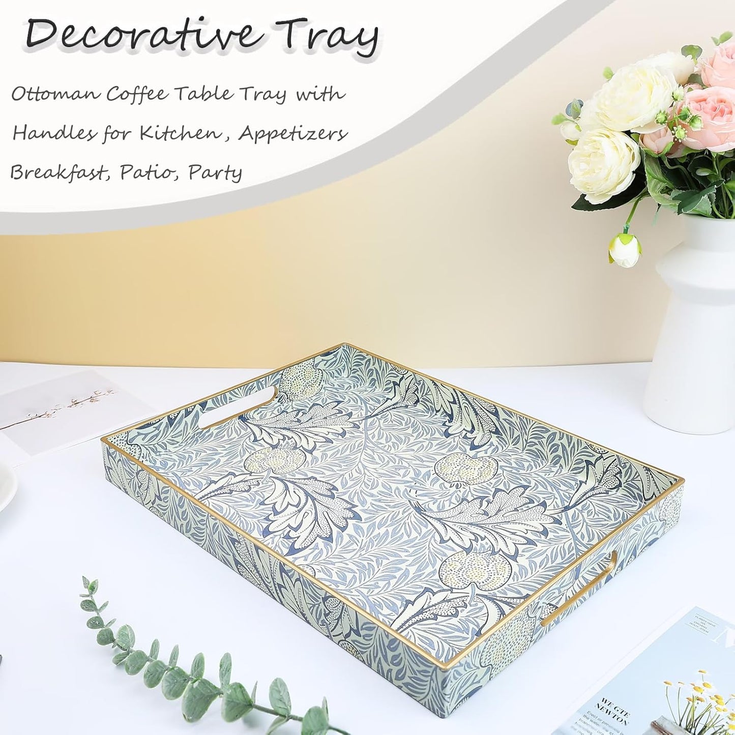 Rectangle Plastic Serving Tray with Handles, Elegant Decorative Tray for Coffee Table, Ottoman, Living Room, Kitchen, and Outdoor Use. 12"*16"*1.6" F