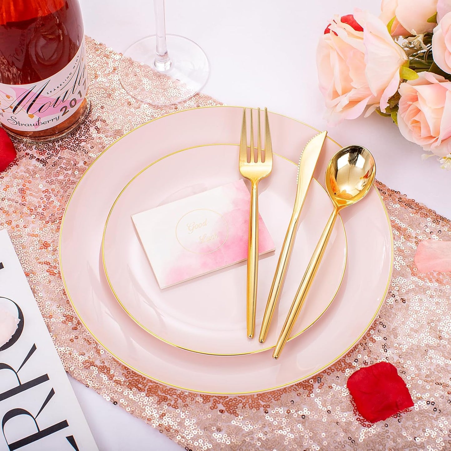 I00000 30 Guests Pink Plastic Plates for Party,Heavy Duty Pink Disposable Plates,Gold Dinnerware Set Include 30 Dinner Plates,30 Dessert Plates,30 Gold Plastic Silverware Set for Party.