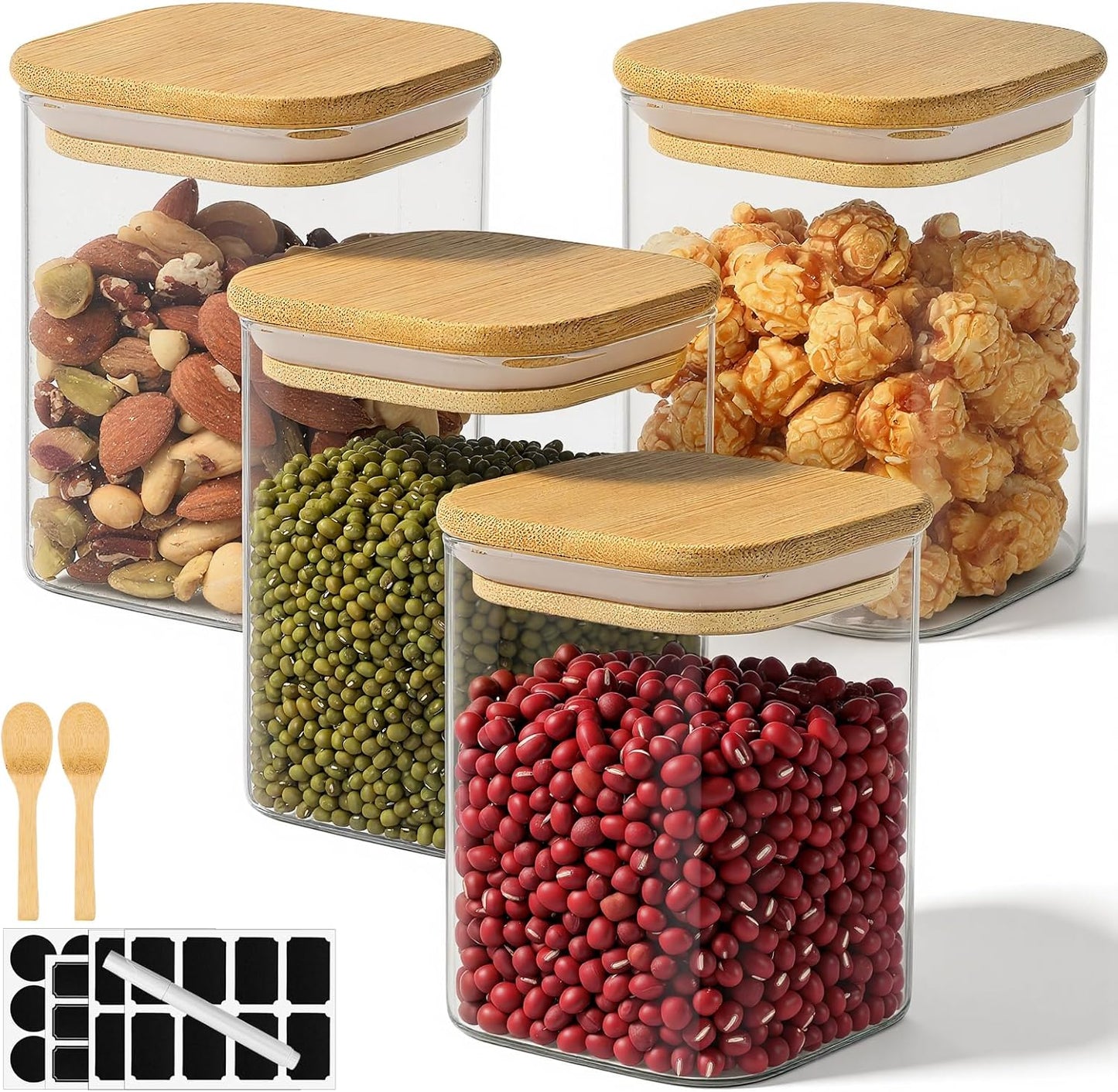 Glass Jars with Bamboo Lids, 15 Fl.oz Glass Storage Jars with Airtight Lids Set of 4, Clear Pantry Containers for Spice, Sugar, Coffee, Tea, Nuts, Beans - Included Labels, Marker and Spoon