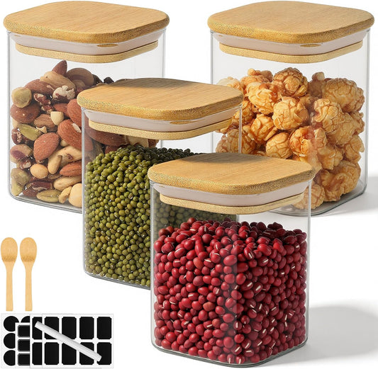 Glass Jars with Bamboo Lids, 15 Fl.oz Glass Storage Jars with Airtight Lids Set of 4, Clear Pantry Containers for Spice, Sugar, Coffee, Tea, Nuts, Beans - Included Labels, Marker and Spoon