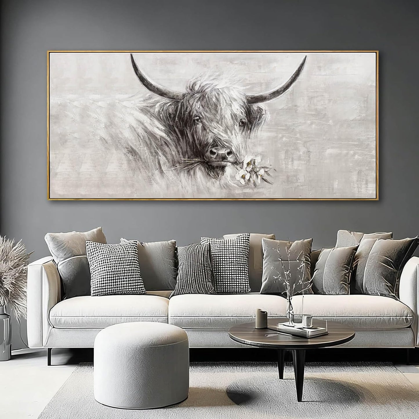 MLART99 Extra large Elegant Cow Canvas Animal Wall Art White and Grey Posters with Floral Gold Ox Print - 32x70 Inch Modern Home Decor for Living Room Entryway