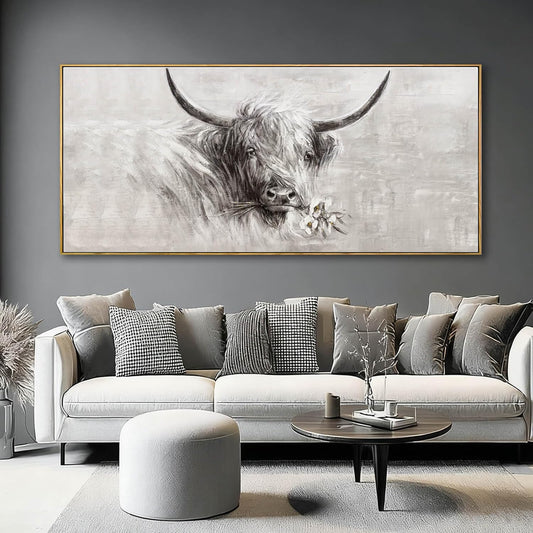 MLART99 Extra large Elegant Cow Canvas Animal Wall Art White and Grey Posters with Floral Gold Ox Print - 32x70 Inch Modern Home Decor for Living Room Entryway