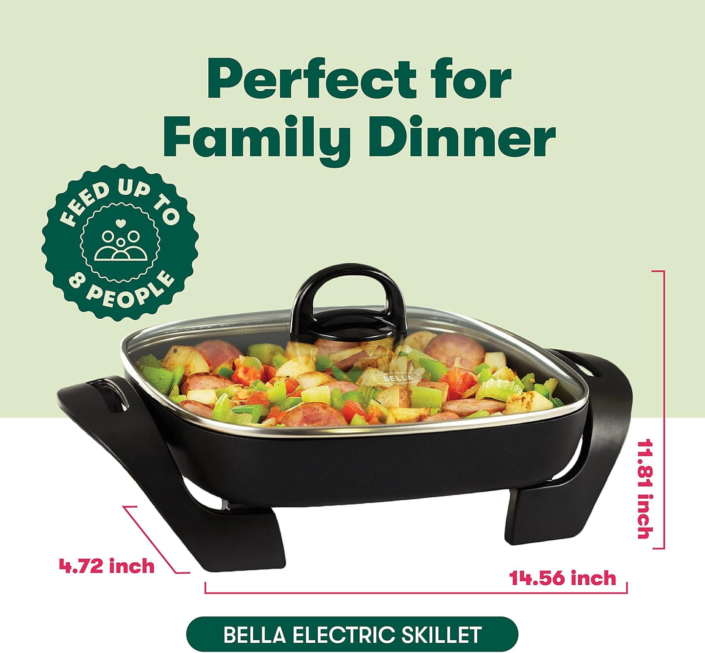 bella Electric Skillet and Frying Pan with Glass Lid, Nonstick Coating, Cool Touch Handles, Removable Heating Probe, Dishwasher Safe, 12 x 12 inch, Black, PFOA & PTFE Free