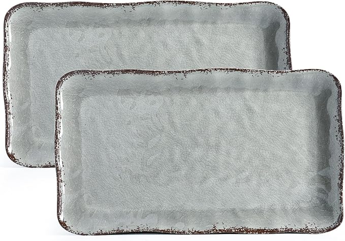 LEHAHA Melamine Crackled Rustic Serving Platter Set of 2, Farmhouse Large Rectangle Trays for Food, Entertaining and Party Use, 17.5"x 10", Grey