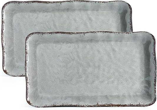 LEHAHA Melamine Crackled Rustic Serving Platter Set of 2, Farmhouse Large Rectangle Trays for Food, Entertaining and Party Use, 17.5"x 10", Grey