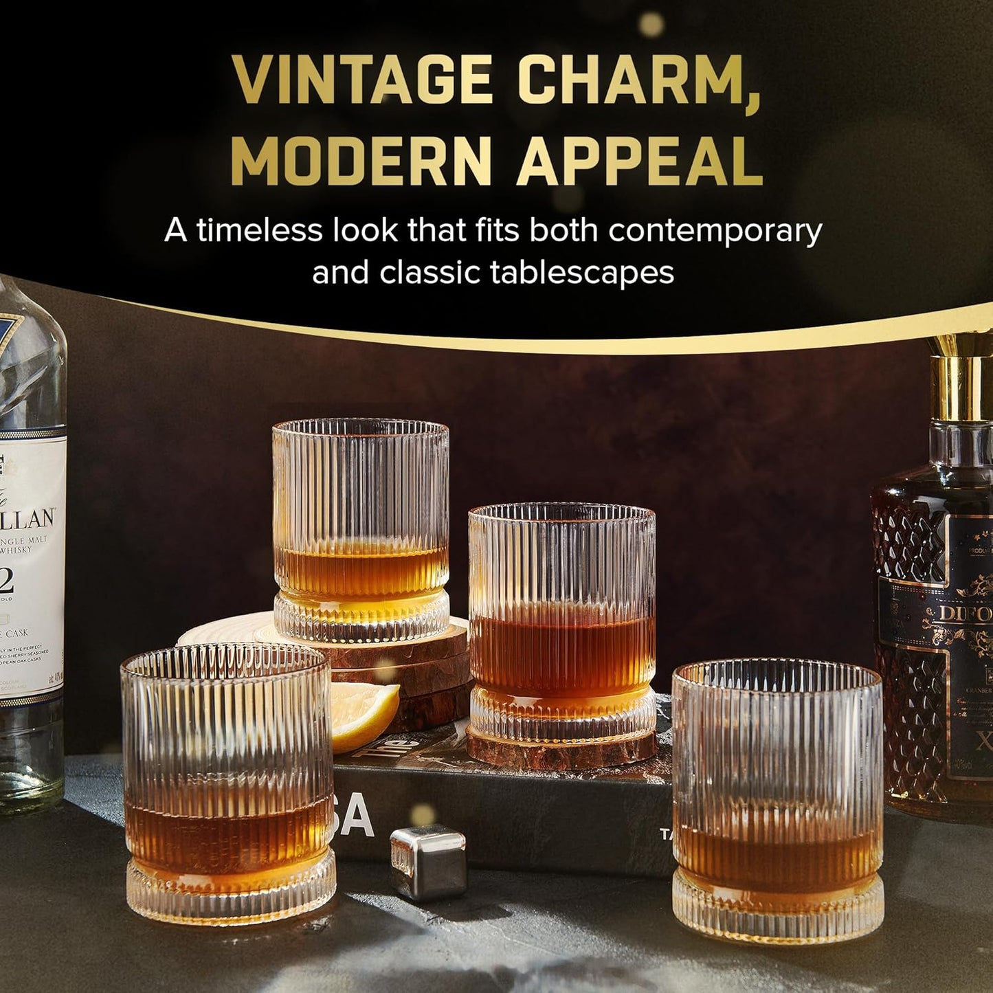 Crystal Old Fashioned Whiskey Glasses Set of 6, 12 Oz Ribbed Bourbon Glass, Ultra-Clarity Double Base Liquor Vodka rocks Cocktail Scotch Tumbler Bar Glasses Set