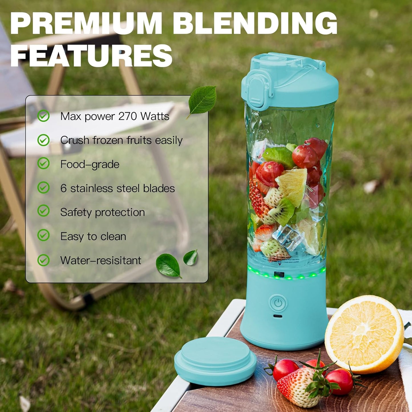 Mint Blue Portable Blender - 270W USB Rechargeable, Waterproof, 20 oz BPA Free Cup & Travel Lid for Shakes & Smoothies