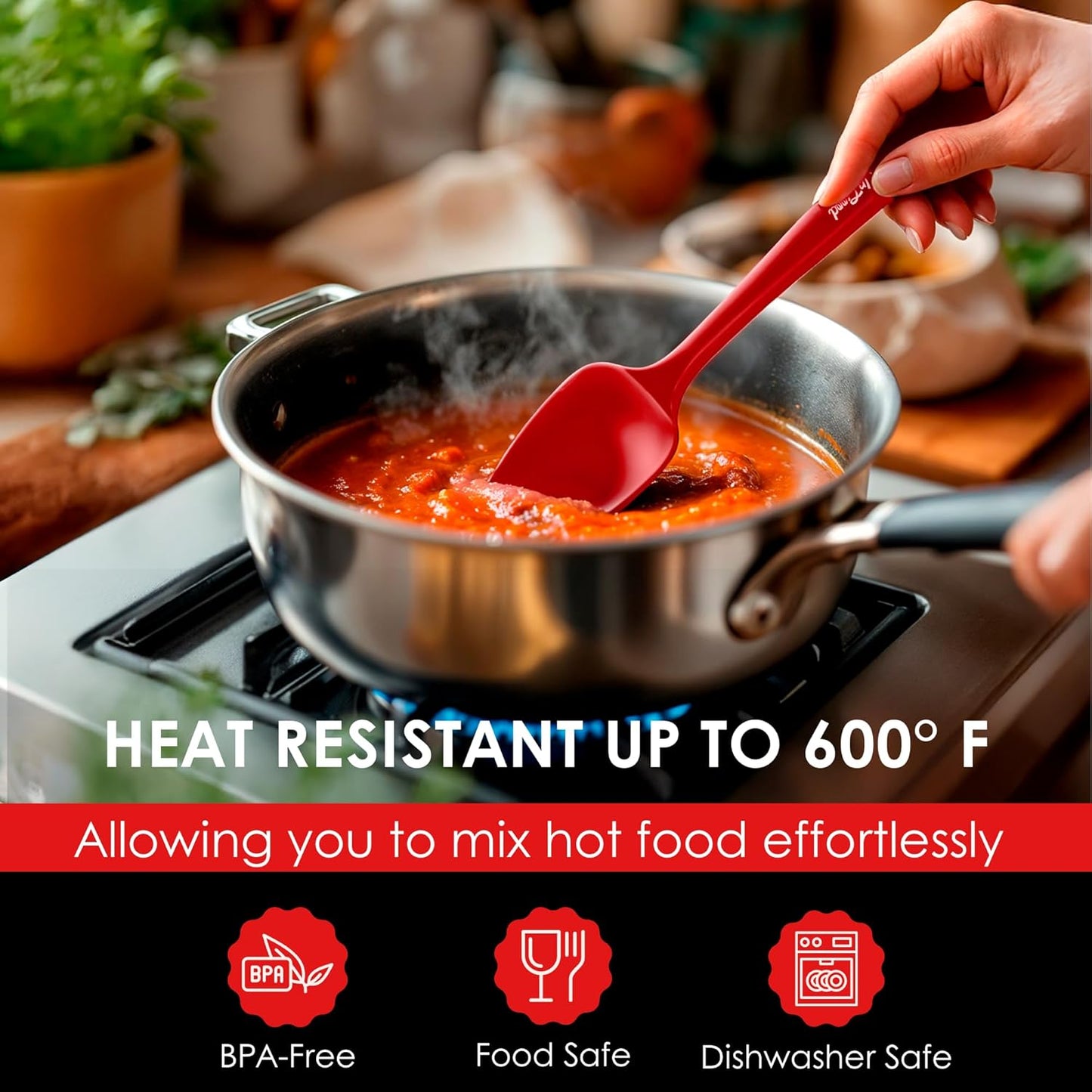 Silicone Spoon Spatula - 600ºF Heat-Resistant Non-Stick Rubber Spoonula | Use as Silicone Kitchen Scraper Utensil - Baking and Cooking Strong Stainless Steel Core | UpGood Kitchen Utensils, (Red)