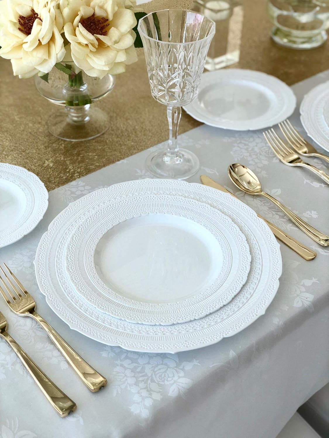 " OCCASIONS " 50 Plates Pack (25 Guests)-Extra Heavyweight Vintage Wedding Disposable/Reusable Plastic Plates -25x11'' Dinner + 25x8.25'' Salad/Dessert (Chateau Collection White)