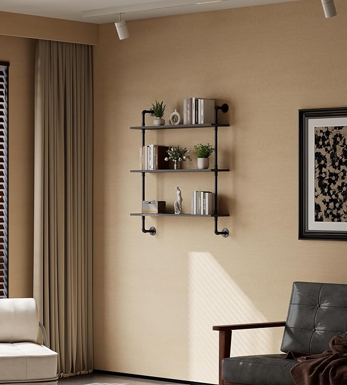 3-Tier Industrial Pipe Floating Shelf – Rustic 36 inch Wood Wall-Mounted Storage Shelf for Kitchen Office,Bathroom & Home Decor -Black