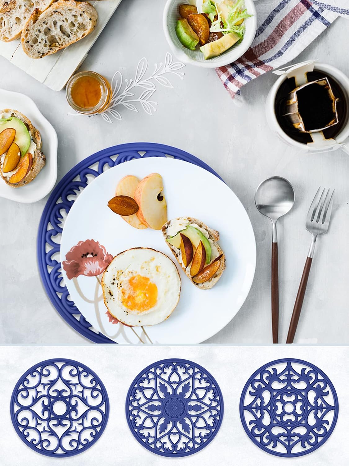 SMARTAKE 6 Set Silicone Trivet Mats, Multi-Use Carved Trivet Mat, Insulated Non-Slip Durable Kitchen Mats, Flexible Modern Kitchen Table Mat, for Hot Dishes, Pots, Dining Countertop, Navy Blue