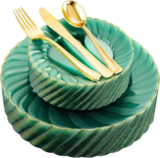 YOUBET 125PCS Clear Green Plastic Plates with Gold Rim - Green and Gold Plastic Plates Include 25 Dinner Plate 25 Dessert Plate 75 Disposable Silverwares for Wedding & Party & Christmas