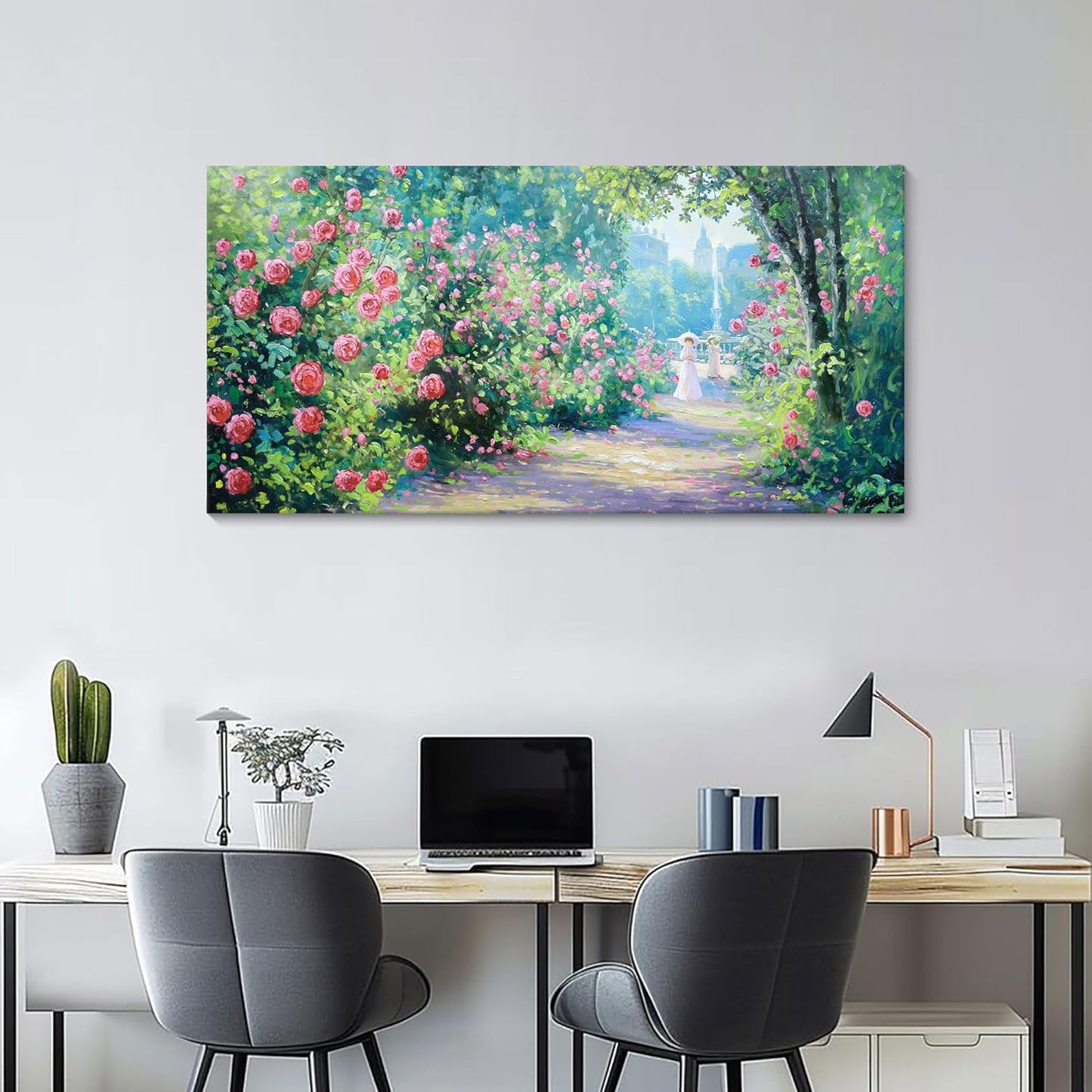 CHATYOUNG Canvas Wall Art Living Room, Blooming Red Roses Manor Landscape Wall Painting Monet Style Wall Art Green Picture Ready to Hang Bedroom Bathroom Kitchen Home Decor Gifts for Women 20x40 In