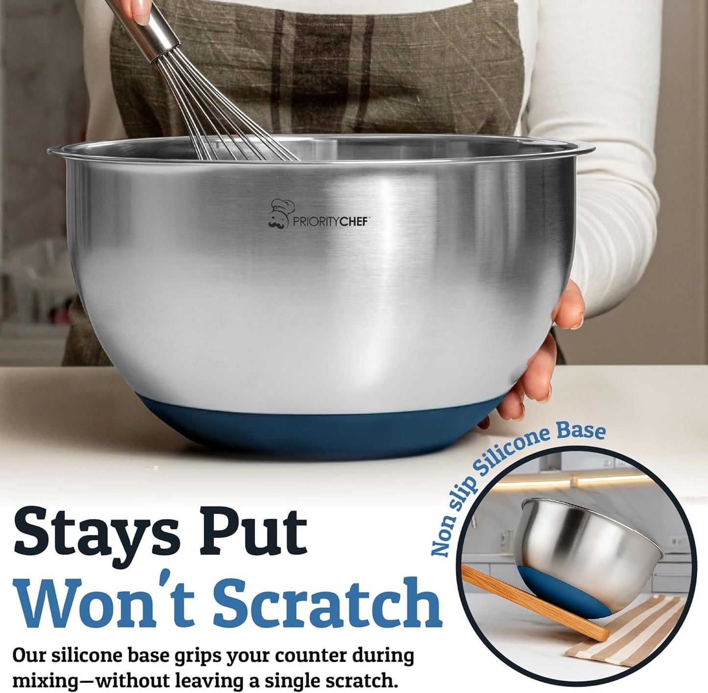 Priority Chef Stainless Steel Mixing Bowls with Lids Set, Metal Nesting Bowls with Airtight Lids, Graters, Non-Slip Base & Measurement Marks, Includes Utensil Set for Prep, Baking & Storage, Blue