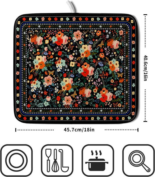 Black Flowers Dish Drying Pad Boho Floral Washable Microfiber Kitchen Mat for Home Decor