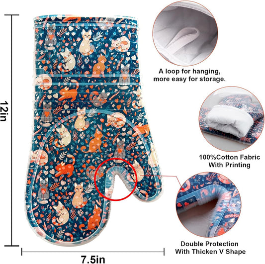 Oven Mitts Set of 2 with Transparent Clear Silicone Shell and Nice Dog Printing Cotton Lining, Heat Resistant to 500 F Kitchen Oven Gloves Pot Holder for Cooking (Navy, Cat, Oven Mitts)