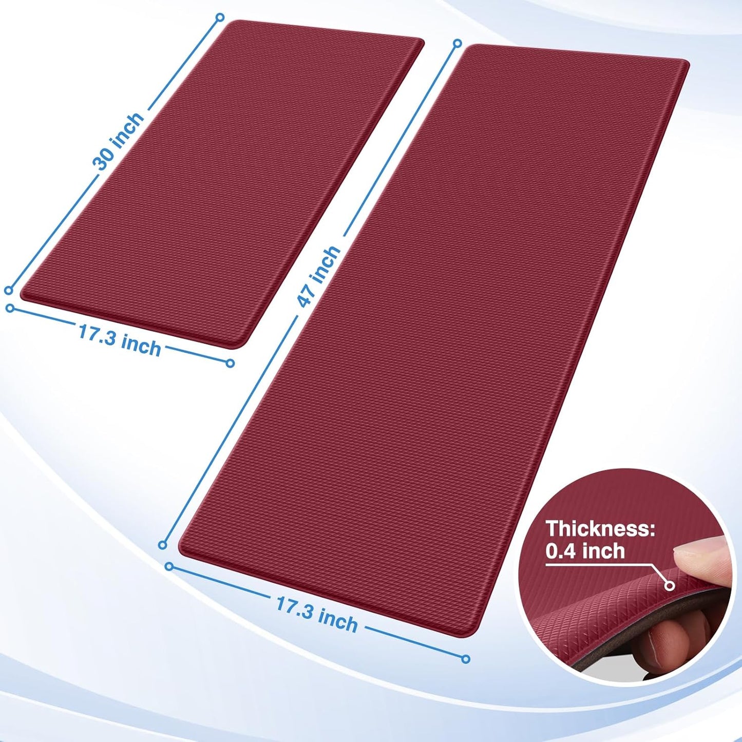 StepRite Kitchen Mats, 2PCS Kitchen Rugs, Cushioned Anti Fatigue Kitchen Mats for Floor, Non-Slip Standing Desk Mat, Waterproof Kitchen Rug Set for Kitchen, Floor, Office, 17.3"x30"+17.3"x47", Red