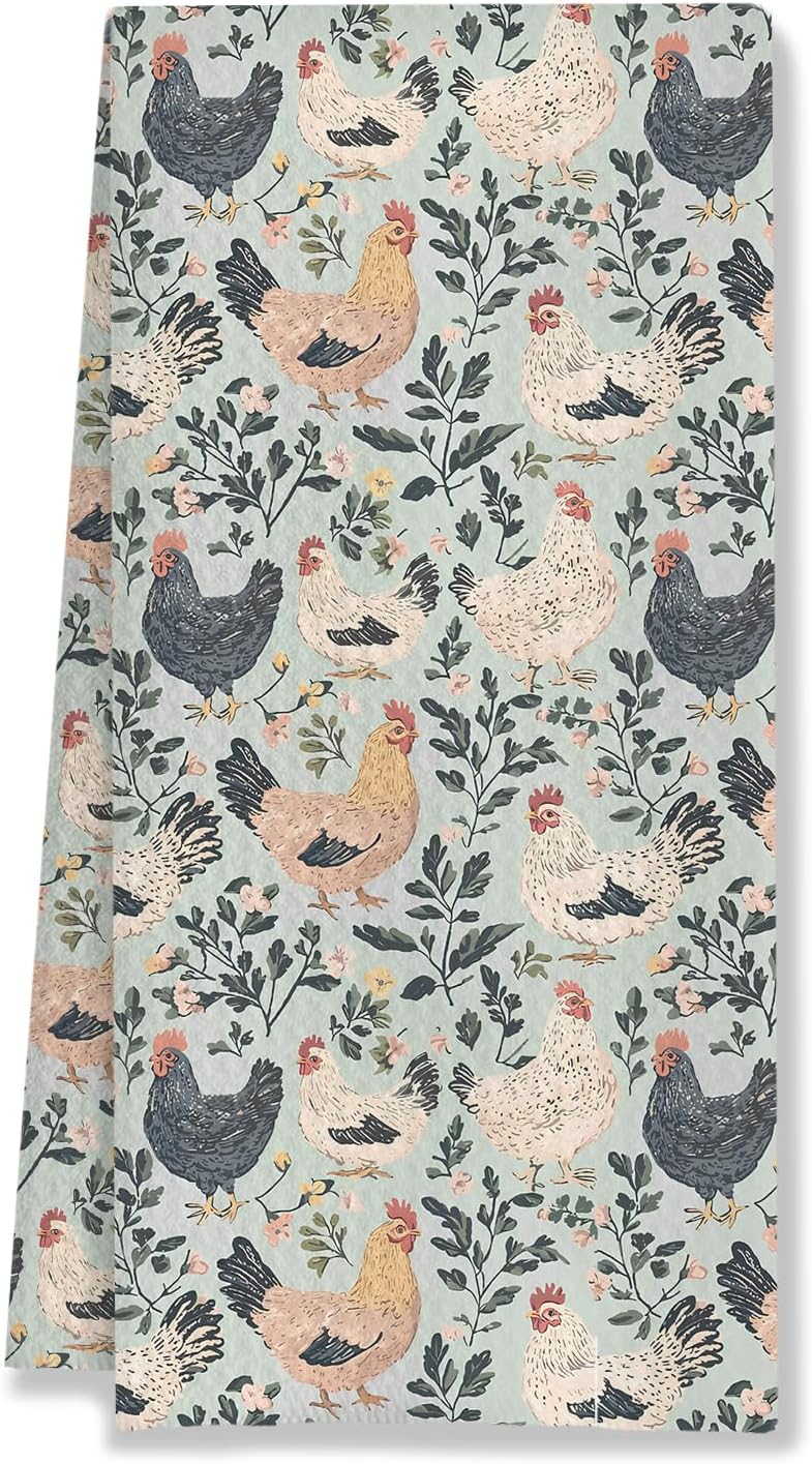 Rustic Floral Chicken Kitchen Towels, Chicken Lover Mom Lady Gifts Decorative Dish Tea Towels for Kitchen, Countryside Animal Hens Hand Towels for Bathroom, 16x24 Inches