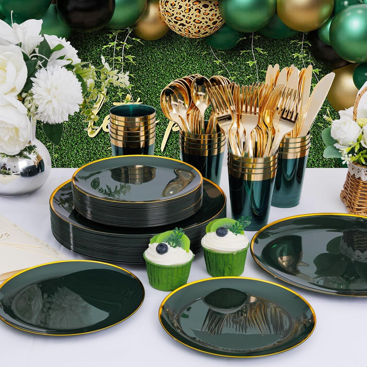 LIYH 180 Pcs Green and Gold Plastic Christmas Plates - Disposable Christmas Dinnerware sets, Green Dinner Dessert Plates, Gold Plastic Silverware Cups for Holiday, Party