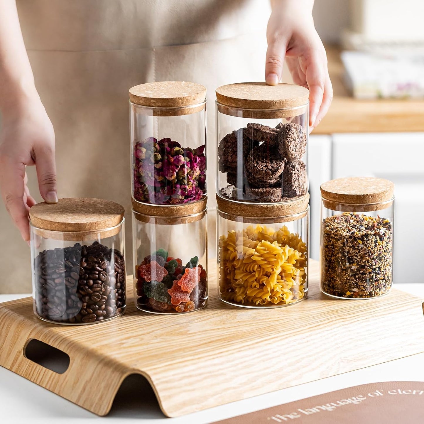 Airtight Glass Jars with Cork Lids - 2 Sizes Glass Storage Containers, Food Storage Jars for Coffee, Tea, Spices, Flour, Snacks, Cereal, Dry Goods - Clear Canisters for Countertop or Cabinet(8)