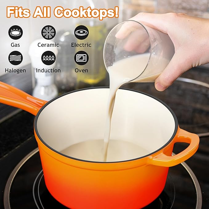 Enameled Cast Iron Sauce Pan with Lid, Leonyo 2 Quart Saucepan with Lid, Small Enamel Cast Iron Dutch Oven Kitchen Cookware for All Cooktops Making Pasta Sauce, Soup, Milk - Up to 500°F & Orange