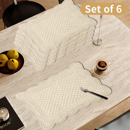 6 PC Quilted Placemats, 18"X13"Extra Large Cotton Placemats Set of 6, 100% Cotton Fabric Washable Cloth Table Mats for Kitchen & Dining Table - Soft &Easy Clean(Flax, Rectangular)