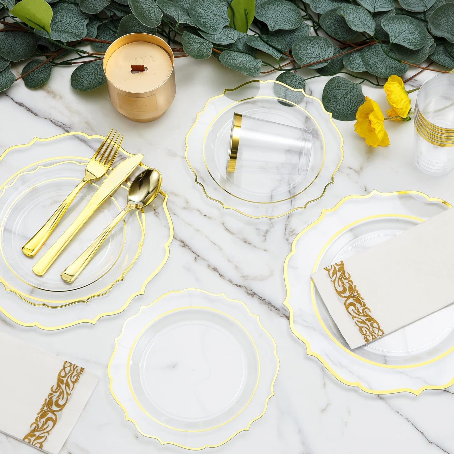 200 PCS Baroque Clear Gold Dinnerware Set for 25 Guests,Gold Rimmed Heavy Duty Plastic Disposable Plates for Party Wedding with Napkins,25Dinner Plates,Dessert Plates,Spoons,Forks,Knives,Cups