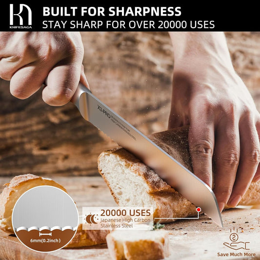 Bread Knife - 8 Inch Japanese Serrated Sourdough Bread Slicing Knife, High Carbon Stainless Steel, Razor Sharp, Ergonomic White Handle