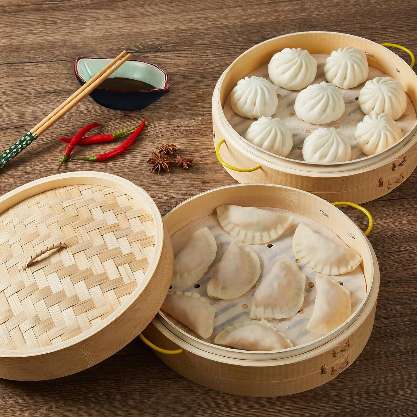 MacaRio Bamboo Steamer Basket Set 10 inch Dumpling Steamer for Cooking with Side Handles Ring Adapter Roller Dumpling Cutter & Press Liners for Dim Sum Dumplings Buns Seafoods Vegetables Rice
