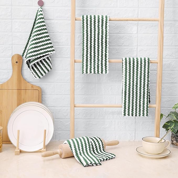 Homaxy Kitchen Towels(12 Pack, 10 x 20 inches), Ultra Soft and Absorbent Dish Towels, Reusable Fast Drying Microfiber Cleaning Cloth, Coral Velvet Wave Design No-lint, Grass Green