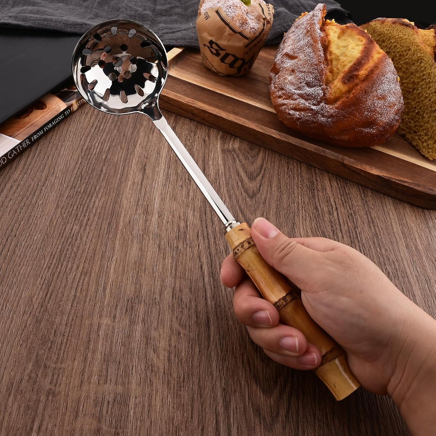 Soup Ladle and Slotted Spoon Set, 304 Stainless Steel Serving Utensils with Natural Bamboo Handle, Soup Spoons For Serving Gravy Hot Pot Or Restaurant, 10.2 Inch, 4 PCS / 2 of Each