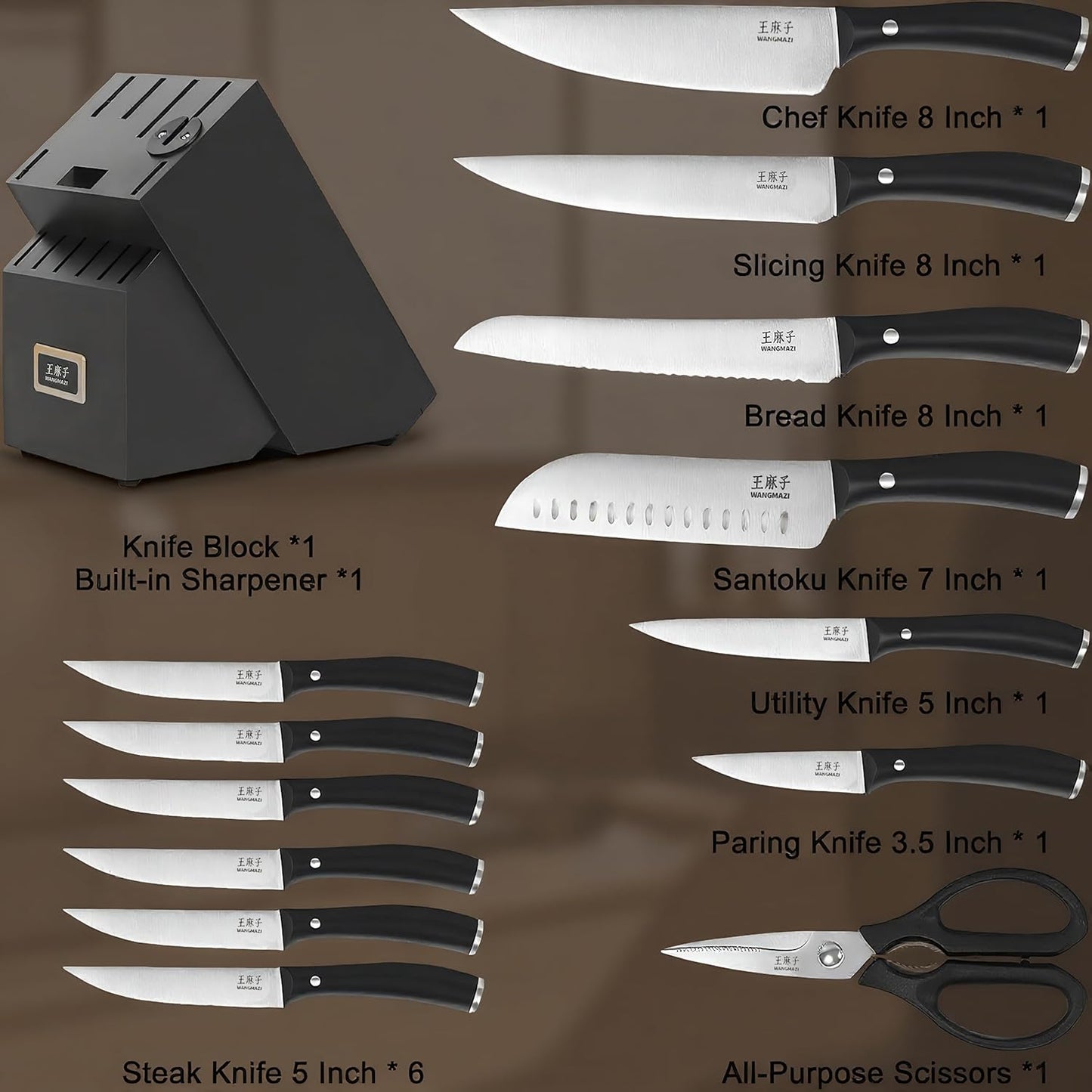 Newly Updated Chef Knife Set Sharp Blade Rivet Ergonomic Handle Knife Block Set Hundreds of Years of Masterful Craftmanship(Black,15PCS)