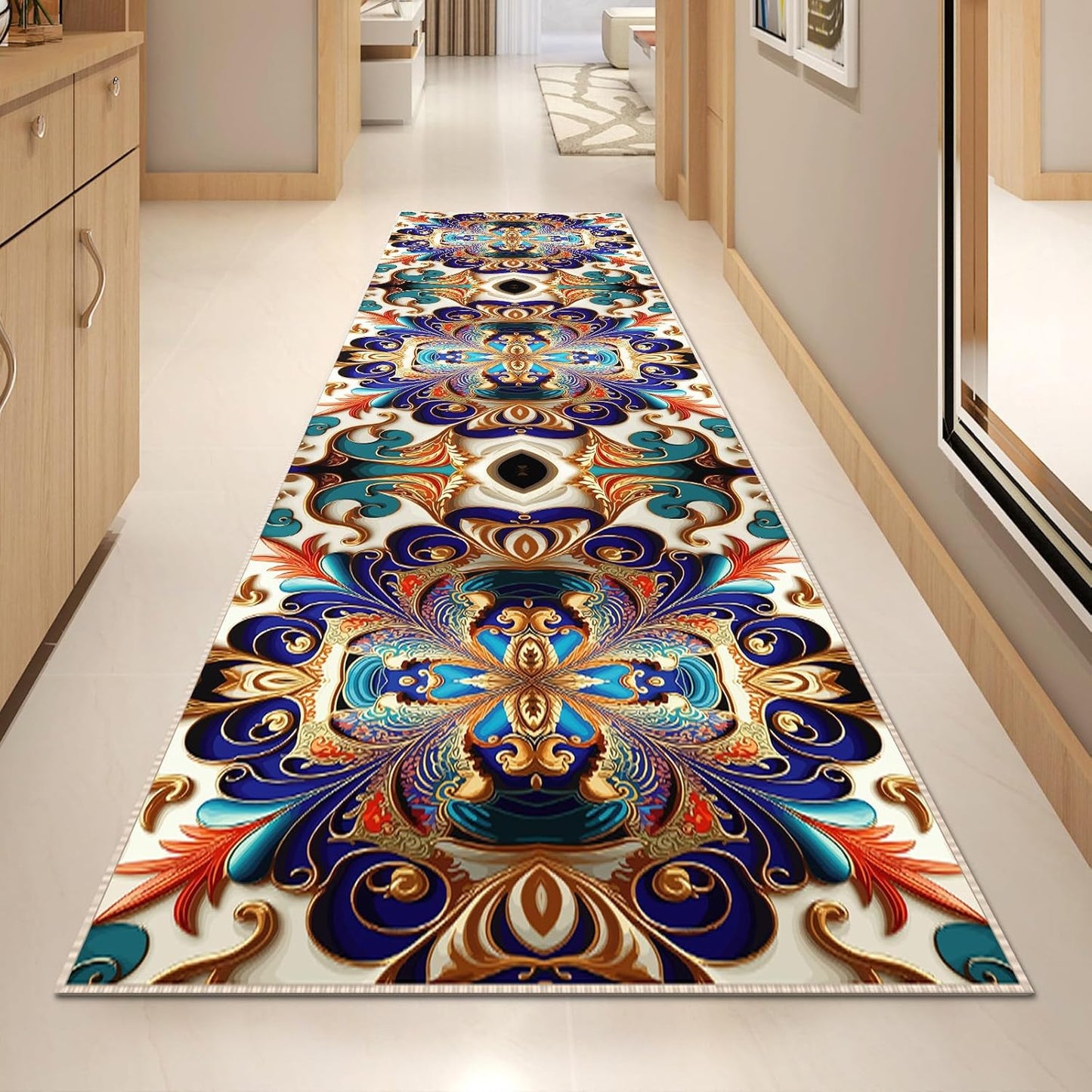 Washable Corridor Runner Rug, Non-Slip Vintage Hallway Rug Runner with Upgrade Rubber Backing, Stain Resistant Faux Wool Distressed Carpet for Bedroom Kitchen Laundry Corridor Balcony (126" x 31.5")