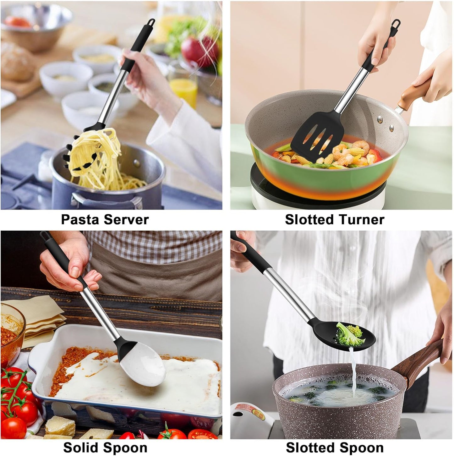 TeamFar Cooking Utensils Set, 5 PCS Silicone Kitchen Utensils with Stainless Steel Handle, for Nonstick Cookware Flipping Frying Turning Draining, Heatproof & Healthy, Nonstick & Easy Clean, Black
