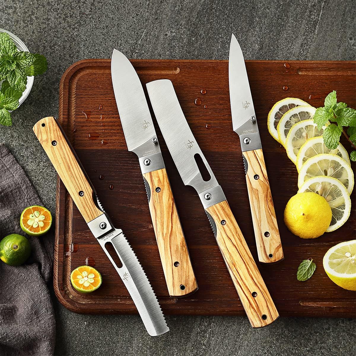 SENBON 440A stainless steel Gift wrapped 4 piece set sharp pocket folding Japanese chef knife universal peeling knife bread knife set portable kitchen knives with natural olive handle